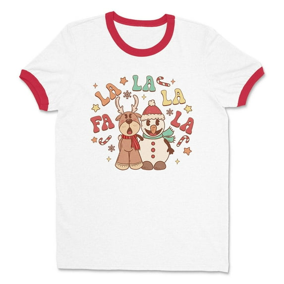 Singing Snowman and Reindeer Ringer Tee Shirt Unisex Medium White/Red