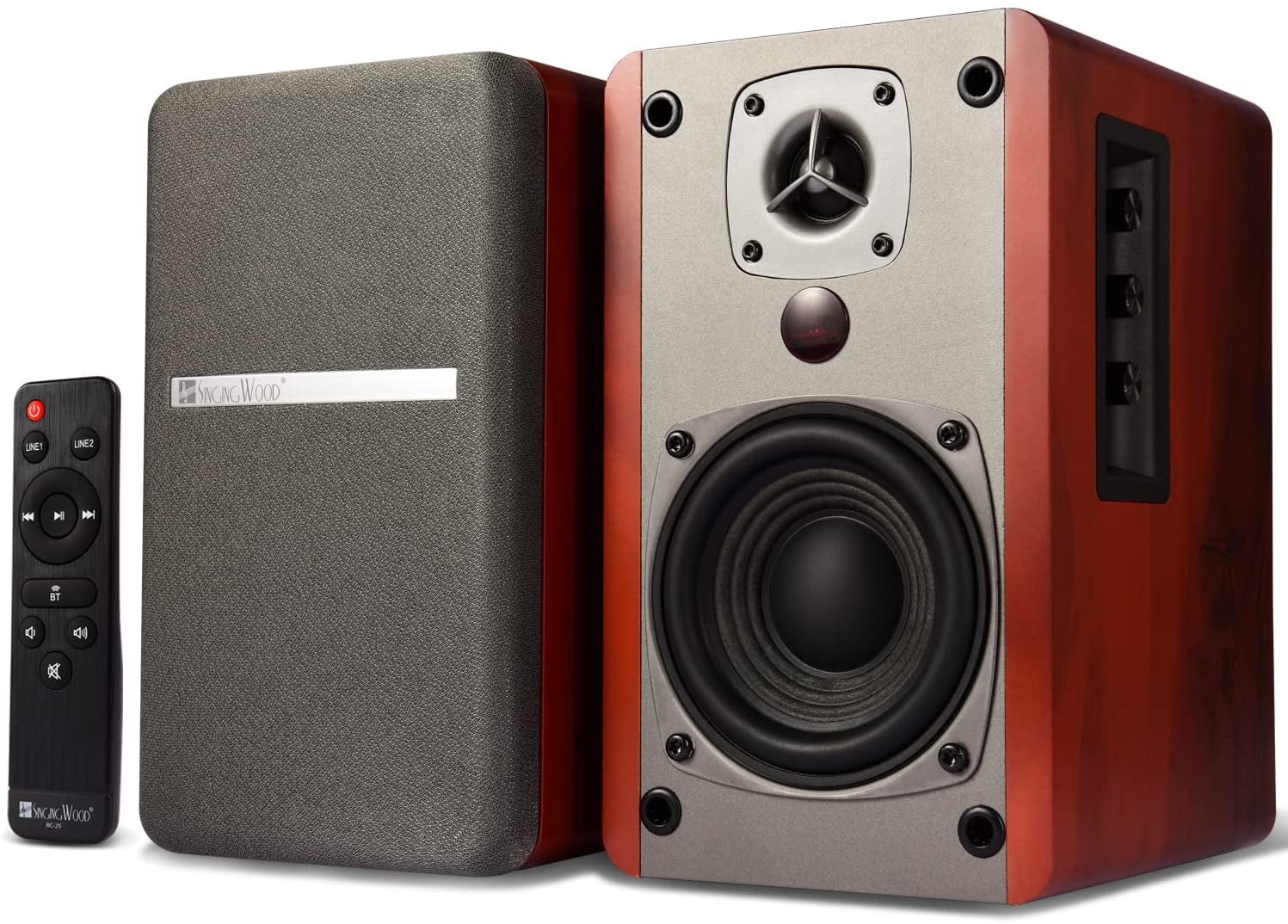 Singing Wood BT27 54 Watts Powered Bluetooth Bookshelf Speaker for Home, Studio Monitor, etc. - Walnut Wood Finish
