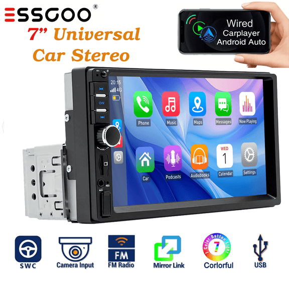 ESSGOO 7" Single Din Radio Carplay Car Stereo Touch Screen, Wired Apple/Android CarPlay, Support Bluetooth Mirror Link, 7-Color Display Button