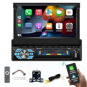 Single 1 Din Car Radio with Bluetooth, Wireless Carplay Android Auto, 7 Inch Flip Out Touch Screen Android/iOS Mirror Link Electric telescopic screen Car Stereo FM/TF/USB/AXU Input+ Rear View Camera