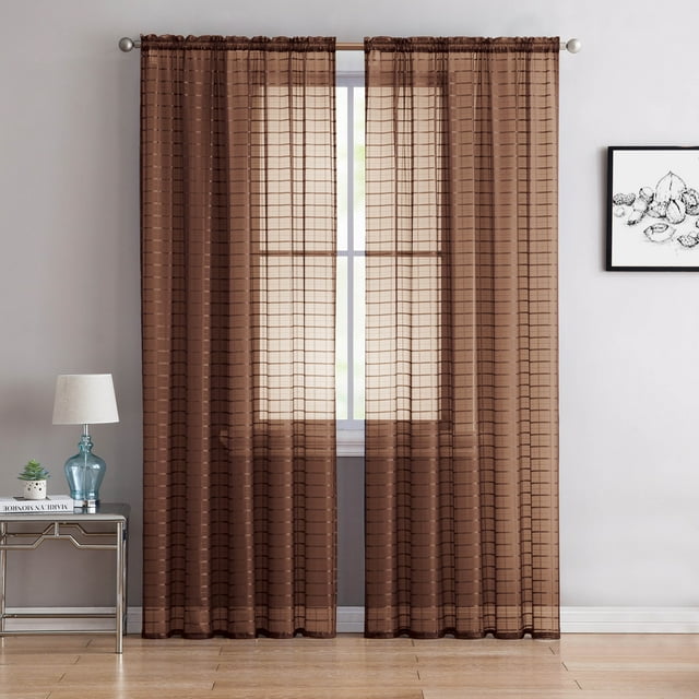 Single (1) Sheer Rod Pocket Window Curtain Panel: 55" W X 63" L, Plaid/Check Design (Chocolate Brown)