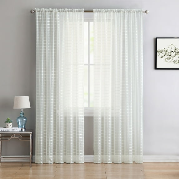 Single (1) Sheer Rod Pocket Window Curtain Panel: 55" W X 84" L, Plaid/Check Design (Beige)