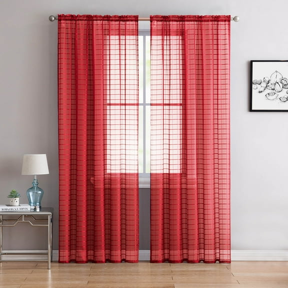 Single (1) Sheer Rod Pocket Window Curtain Panel: 55"W X 90"L, Plaid/Check Design (Red)