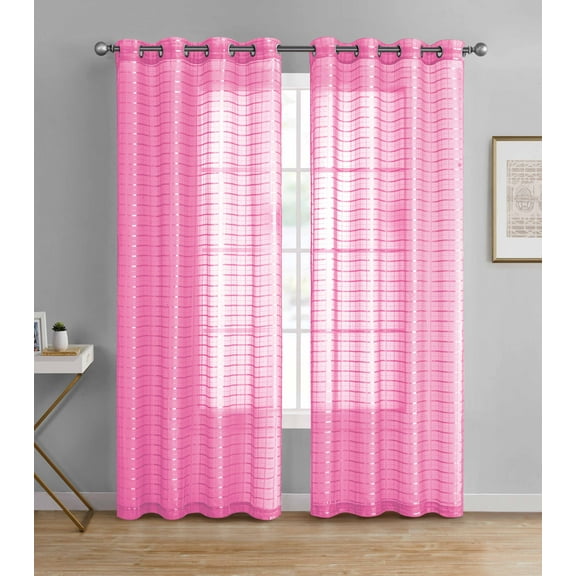 Single (1) Sheer Window Curtain Panel: 55" W X 84" L, Plaid/Check Design, Metal Grommet (Pink Rose)