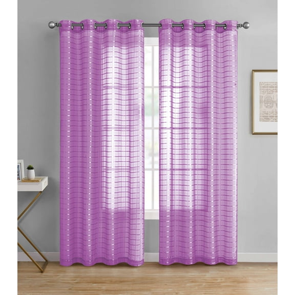 Single (1) Sheer Window Curtain Panel: 55" W X 90" L, Plaid/Check Design, Metal Grommet (Purple)