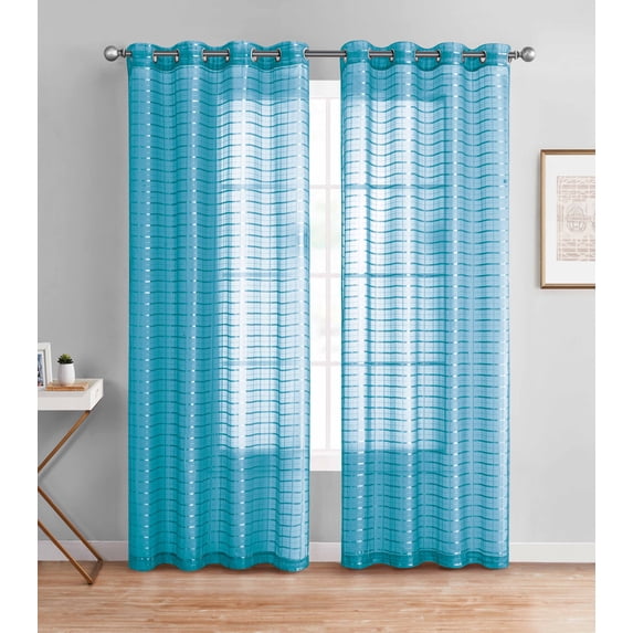 Single (1) Sheer Window Curtain Panel: 55" W X 90" L, Plaid/Check Design, Metal Grommet (Teal)