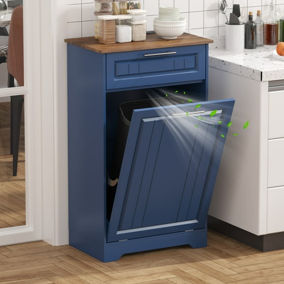 Single 10 Gallon Tilt Out Trash Can Cabinet with Deodorizing Function, Wooden Hidden Garbage Can Holder with Storage Drawers for Kitchen and Dining Room, Laundry Hamper Cabinet for Bathroom, Blue