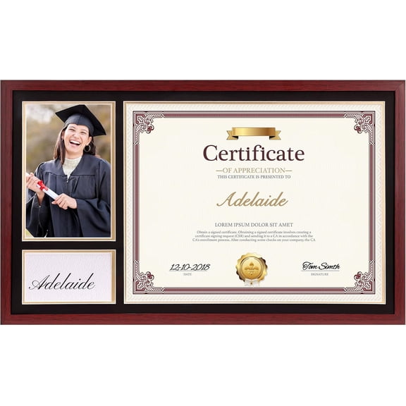 Single 10x16 Frame for 8.5x11 Certificates Diploma and 4x6 Photo Picture with PS Front, Black Over Gold Double Mat for Wall, Mahogany, Graduation Gifts