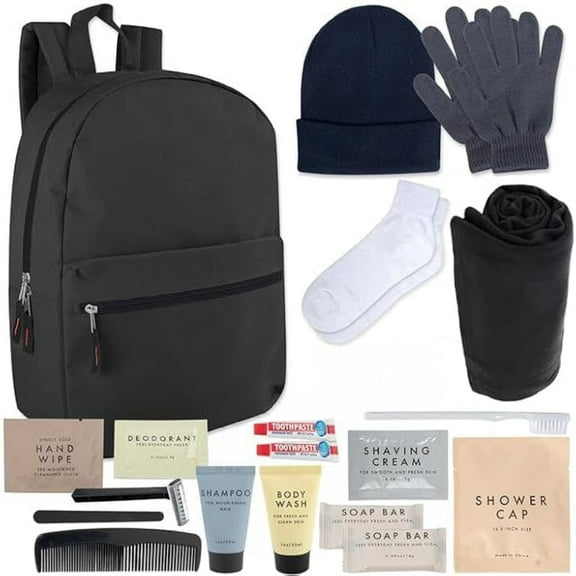 Single 20 Piece Winter Care Travel Toiletry Kit for Men, Women, Homeless and Charity Donation Containing Backpack, Beanie Hat, Socks, Gloves, Throw Blanket, Shampoo, Body Wash & More!