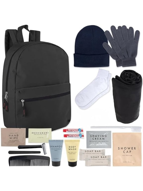 Single 20 Piece Winter Care Travel Toiletry Kit for Men, Women, Homeless and Charity Donation Containing Backpack, Beanie Hat, Socks, Gloves, Throw Blanket, Shampoo, Body Wash & More!