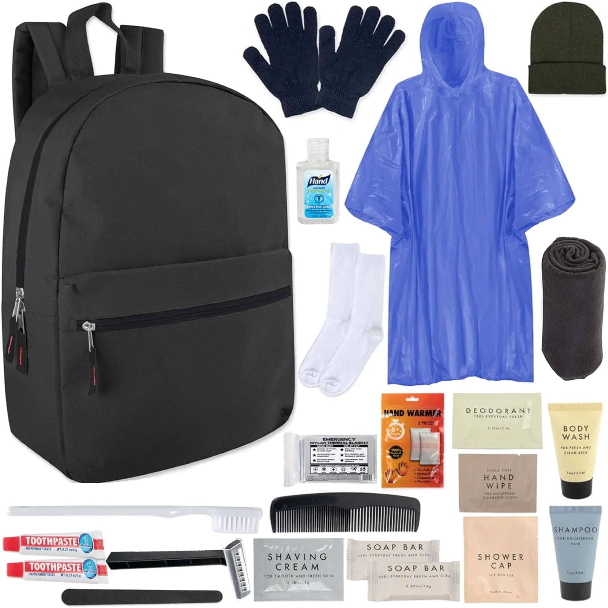 Single 24 Piece Trail maker Winter Care Travel Toiletry Kit for Homeless Charity Donation  with Backpack, Beanie Hat, Socks & More