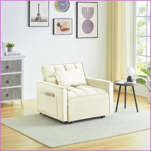 Single 3-in-1 Convertible Sofa Bed Adjustable Back Recliner for Small Spaces | Creamy White | Cushion Back | Metal & Wood