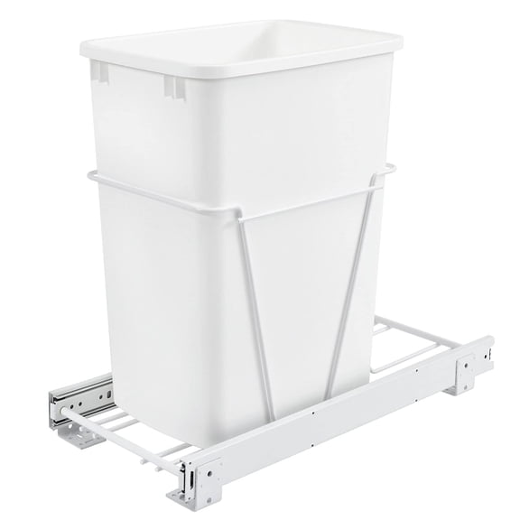 Single 35 Qt Pullout Trash Can for Base Kitchen Cabinets, Garbage Waste Bin System with 3/4 Extension Slides, Min Opening Width of 11", White, RV-12PB