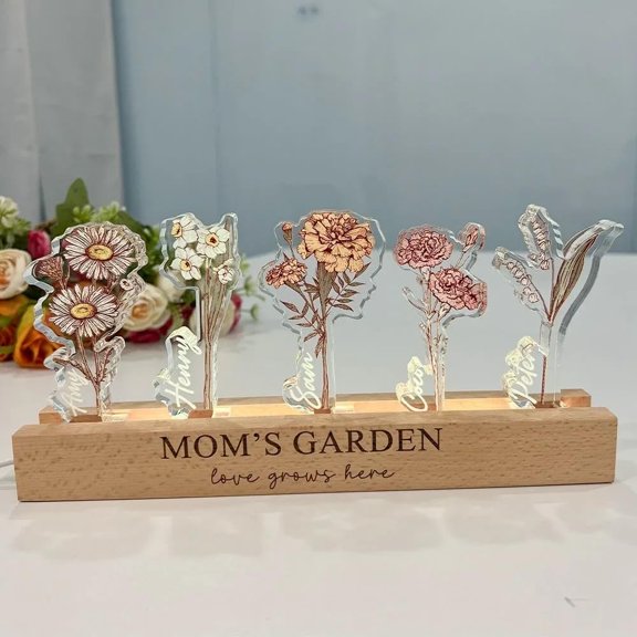 Single 3D Birth Flower Crystal Acrylic Personalized Name LED Night Light, Custom Birth Flower 3D Crystal Acrylic LED Light, Personalized Display with Wooden Base for Mothers Day Mom