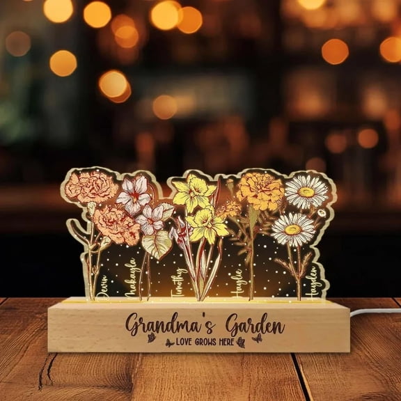 Single 3D Birth Flower Crystal Acrylic Personalized Name LED Night Light, Custom Birth Flower 3D Crystal Acrylic LED Light, Personalized Display with Wooden Base for Mothers Day Mom