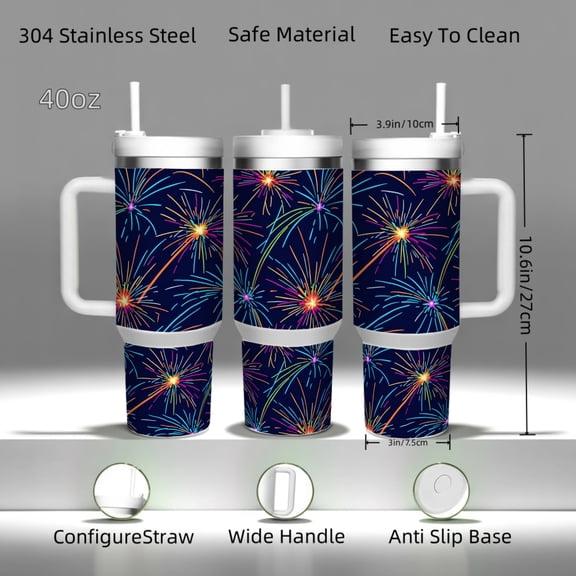 Single 40 Ounce Fireworks Patterned Insulated Tumbler with Straw - 304 Stainless Steel Interior, 24H Cold/12H Hot, Leak-Proof Car Cup for Daily Use