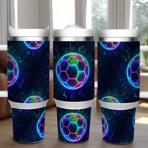 Single 40 Ounce Neon Football Pattern Insulated Tumbler with Straw - 304 Stainless Steel Interior, Car Cup for Sports Fans & Daily Use