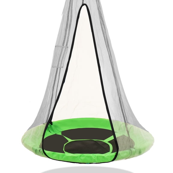 Single 43-Inch Saucer Tree Swing with 2-in-1 Detachable Canopy Cover, 360-Degree Rotating Swivel, Hanging Straps, and Adjustable Rope Swing Set in Blue Color for Outdoor Fun