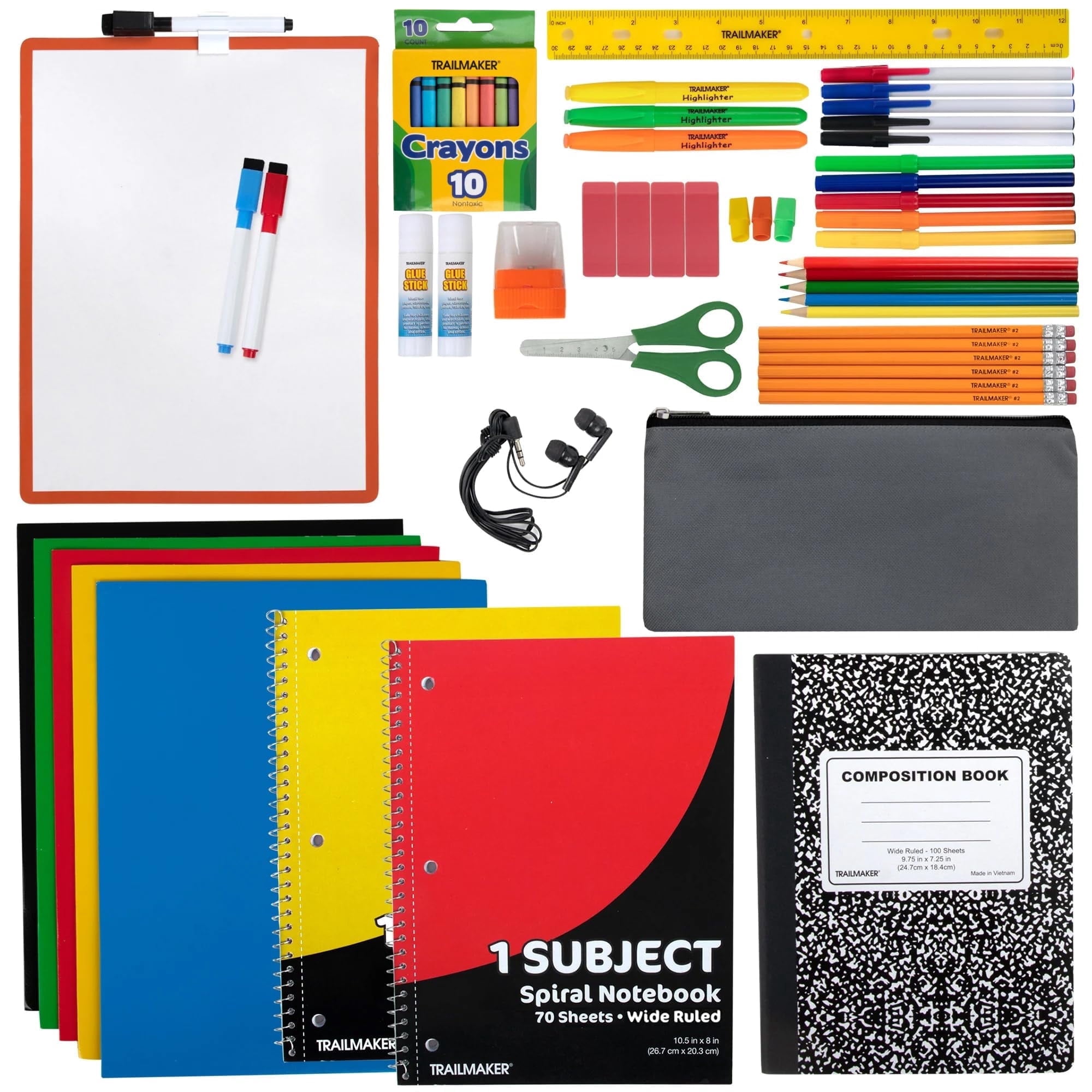 Single 60 Piece Stationary Supplies Kit Containing Spiral Notebooks, Composition Notebook, Folders, Dry Erase Board, Dry Erase Markers, No. 2 Pencils, Pens, Erasers, Markers & More!