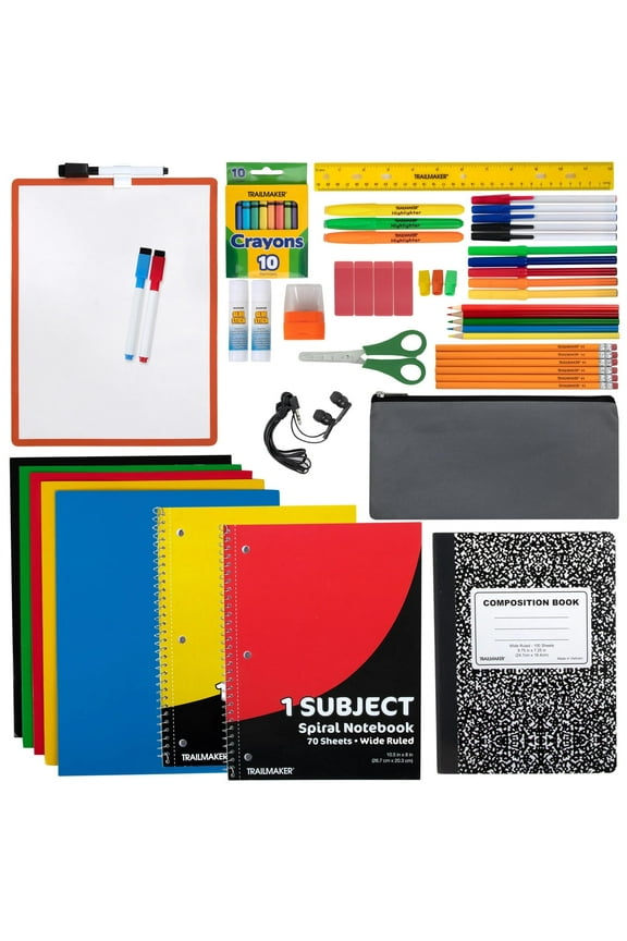 Single 60 Piece Stationary Supplies Kit Containing Spiral Notebooks, Composition Notebook, Folders, Dry Erase Board, Dry Erase Markers, No. 2 Pencils, Pens, Erasers, Markers & More!