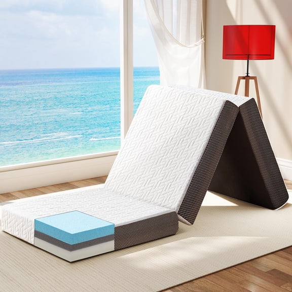 Single (75 × 25 Inch) 4 Inch Foldable Memory Foam Mattress Topper for Travel Camping RV Guest