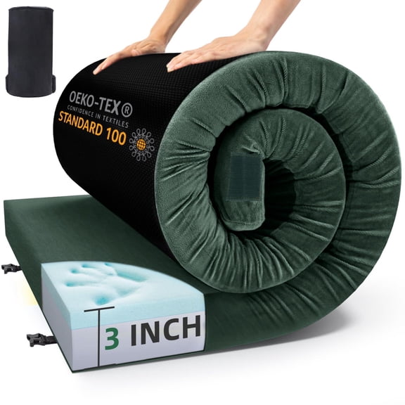 Single 75" X 30" X 3 inch Green Memory Foam Camping Sleeping Pad