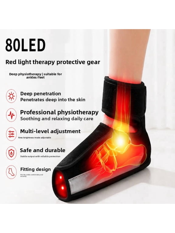 Single 80 LED Red Light Ankle Foot Heating Bootie with Power Adapter, 15W Neoprene Thermal Ankle Guard Wrap for Single Left or Right Foot Home Relaxation