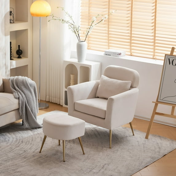 Single Accent Chair with Ottoman, Flannelette Armchair with Removable Seat Cushion and Back Pillow, Modern Upholstered Sofa Chair Set with Gold Metal Legs for Bedroom and Office, Beige