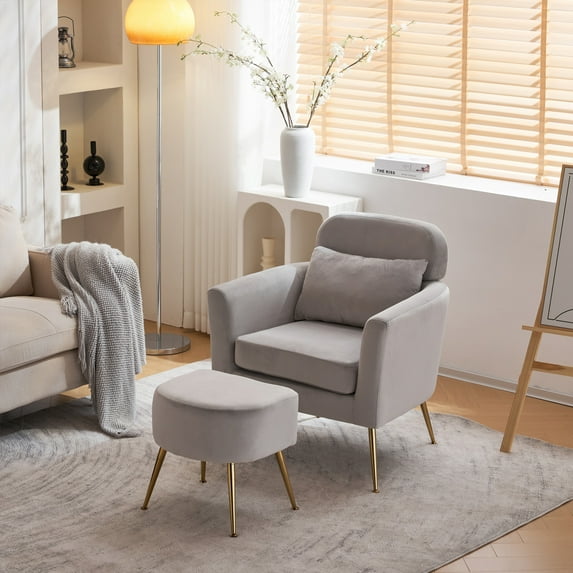 Single Accent Chair with Ottoman, Flannelette Armchair with Removable Seat Cushion and Back Pillow, Modern Upholstered Sofa Chair Set with Gold Metal Legs for Bedroom and Office, Light Gray