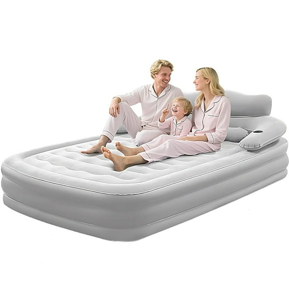 Single Air Mattress With Built In Pump Headboard, 19 Raised Comfort Inflatable Mattress, Quiet Surface Portable Blow Up Bed, Air Bed For Home & Camping & Guests, Light grey