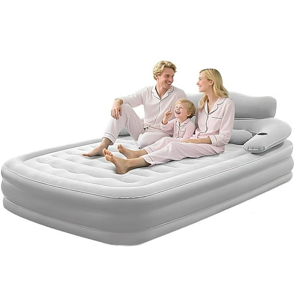 Single Air Mattress With Built In Pump Headboard, 19 Raised Comfort Inflatable Mattress, Quiet Surface Portable Blow Up Bed, Air Bed For Home & Camping & Guests, Light grey