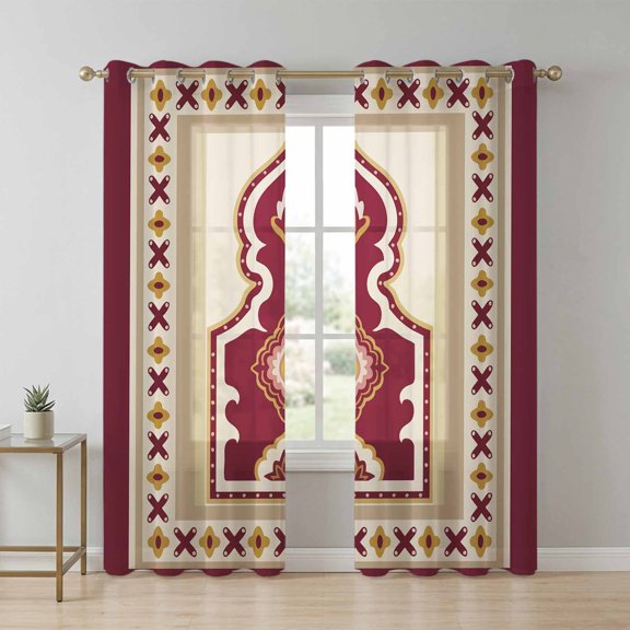 Single Arch Sheer Curtains 90 Inch Long 2 Panels, Modern Red Beige Floral Frame Light Filtering Semi Sheer Drapes Grommet Voile Window Curtain for Living Bedroom W52 x L90