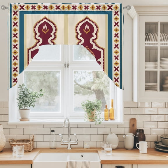 Single Arch Swag Curtain Valance for Windows, Modern Red Dark Green Floral Frame Swag Curtains Drapes Rod Pocket for Kitchen Bathroom Small Window, 1 Panel 56x36in