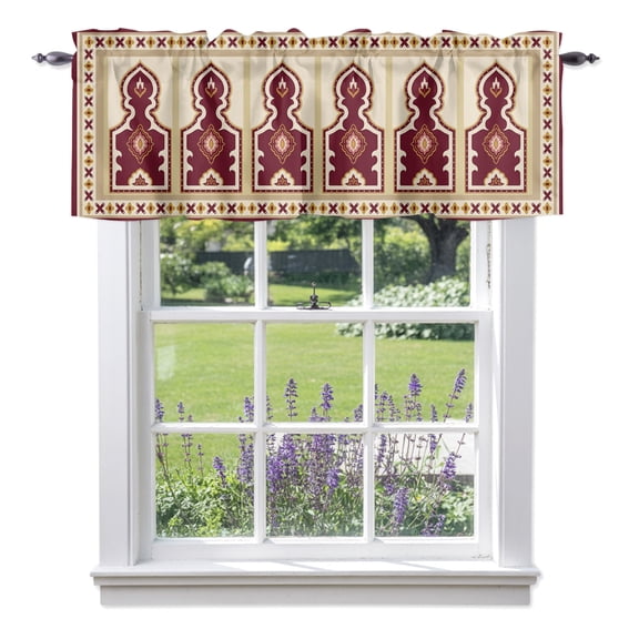 Single Arch Valances for Windows, Modern Red Beige Floral Frame Rod Pocket Valance Short Window Treatments Curtains for Kitchen Bathroom Bedroom Decor, 42 x 18 Inches