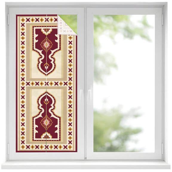 Single Arch Window Privacy Film Modern Red Beige Floral Frame Decorative Glass Window Film UV Blocking Static Cling Non-Adhesive Sticker Covering for Home Door 17.7 x 39.3 inches