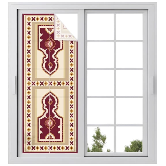 Single Arch Window Privacy Film, Modern Red Beige Floral Frame Frosted Glass Window Clings Static Cling UV Heat Blocking Reusable Door Sticker for Bathroom 23.6 x 59 Inch