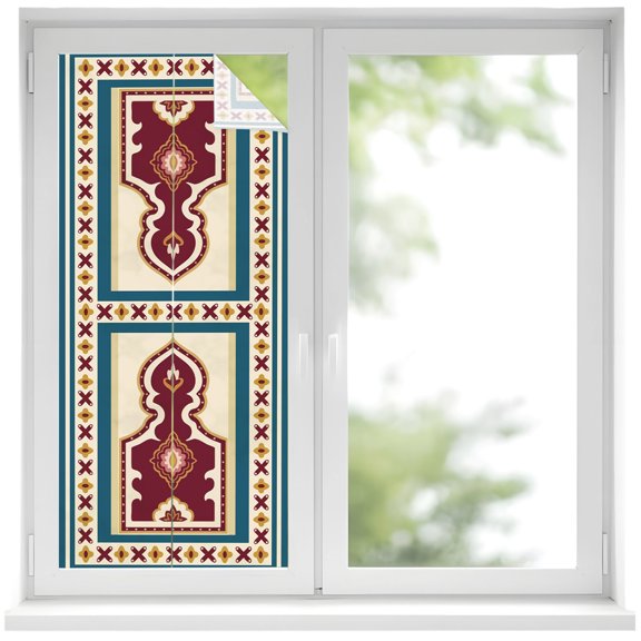 Single Arch Window Privacy Film Modern Red Dark Green Floral Frame Decorative Glass Window Film UV Blocking Static Cling Non-Adhesive Sticker Covering for Home Door 19.6 x 39.3 inches