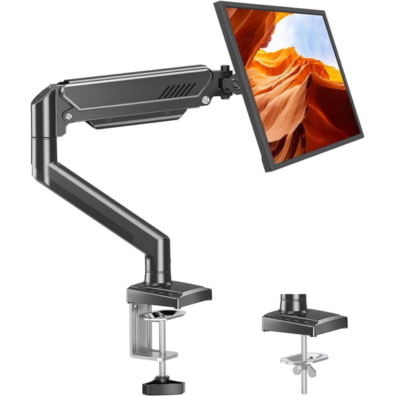 Single  Arm Desk  Fits 13 to 32 inch Computer Screens,  4.4 to 22lbs Display VESA , Adjustable  Stand with Clamp/Grommet ing Base, 75/100mm Bracket, Black, Freelift