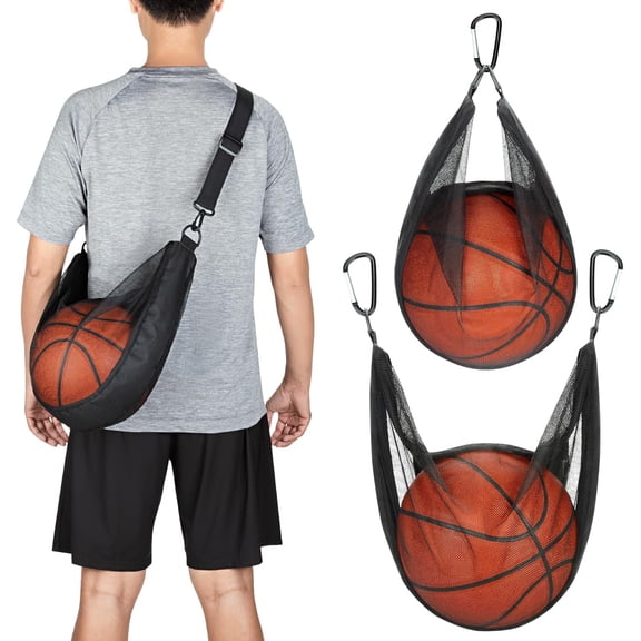 Single Ball Bag with Zipper Pocket Mesh Shoulder Bag with Buckle Clip Sport Equipment Storage Net for Carrying Multiple Sports - Basketball, Soccer, Volleyball, Rugby & More