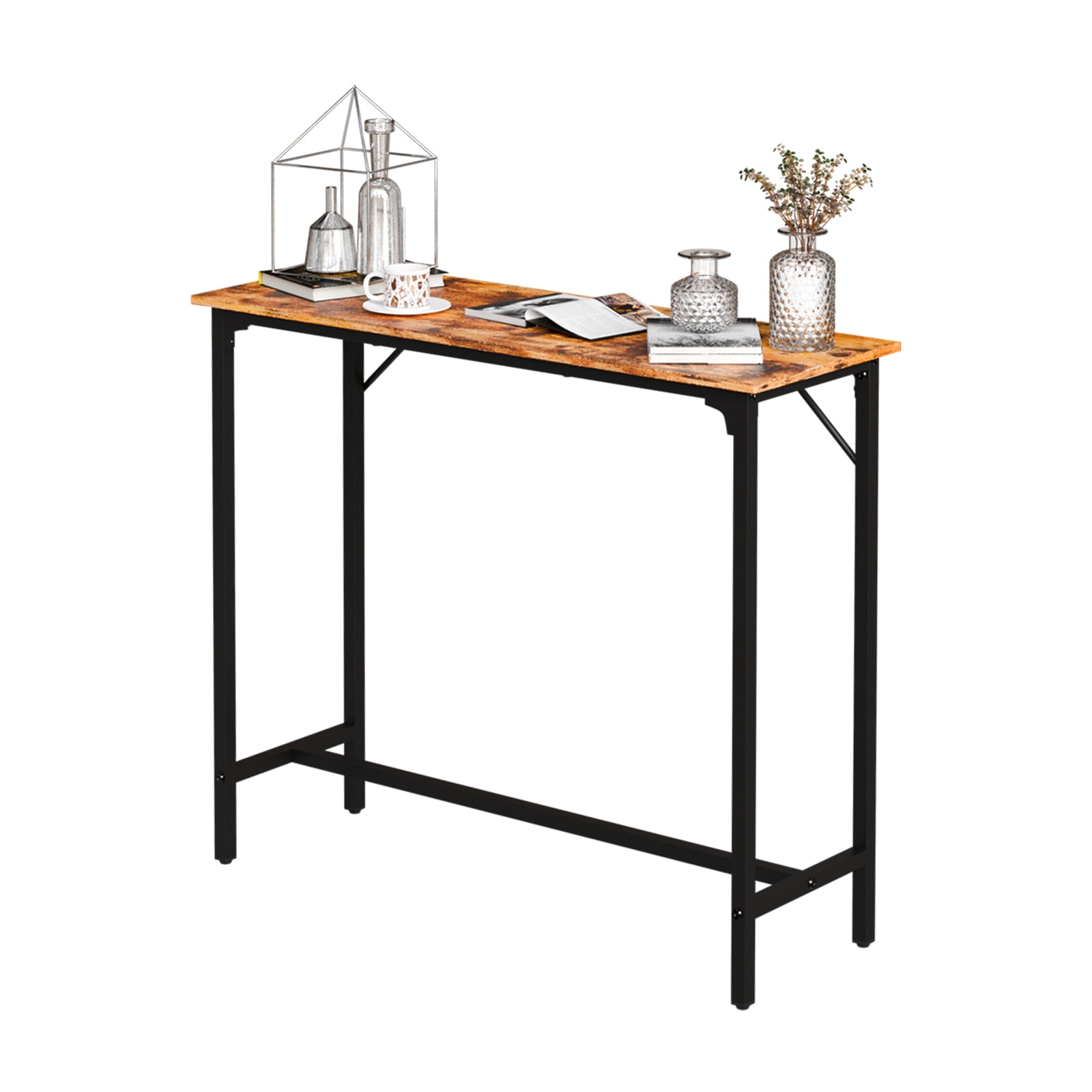 Single Bar Table Brown 110x38x99cm High-Density MDF Iron Frame with Adjustable Feet Waterproof Scratch-Resistant for Home Bar Kitchen Living Room