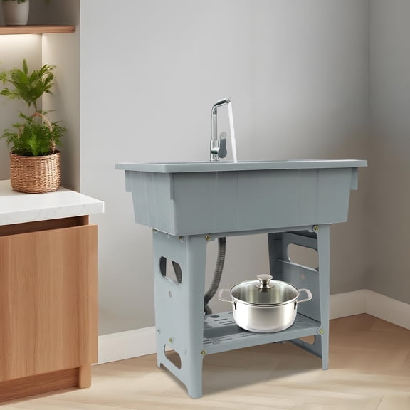Single Basin Laundry Sink Grey Freestanding Laundry Sink with Washboard+Faucet