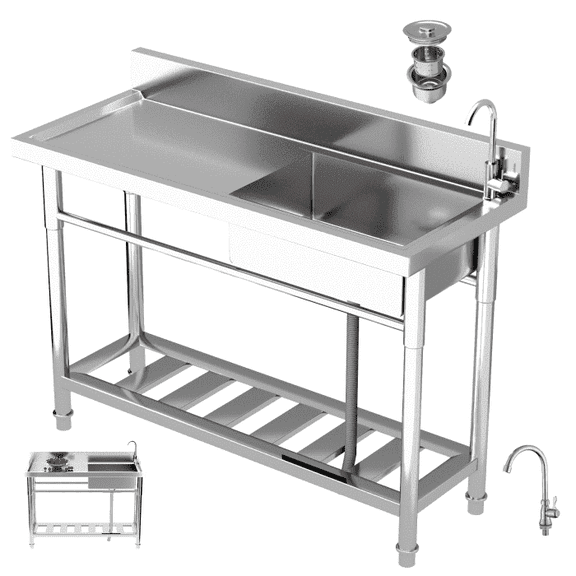 Single Basin Stainless Steel Sink, 198 lb Workbench Load, Commercial Grade, Stainless Steel Sink for Kitchen, Bar Counter Sink Targeting Kitchen, Fry Counter, Food Truck