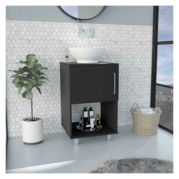 Single Bathroom Vanity with Sink, One Open Shelf, Single Door Cabinet, Black