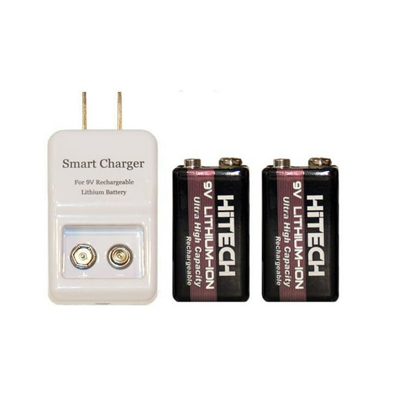 Single Bay 9 Volt Li-Ion / Li-Po Smart Charger + 2 x HiTech 9 Volt Lithium Ion Batteries (600 mAh)