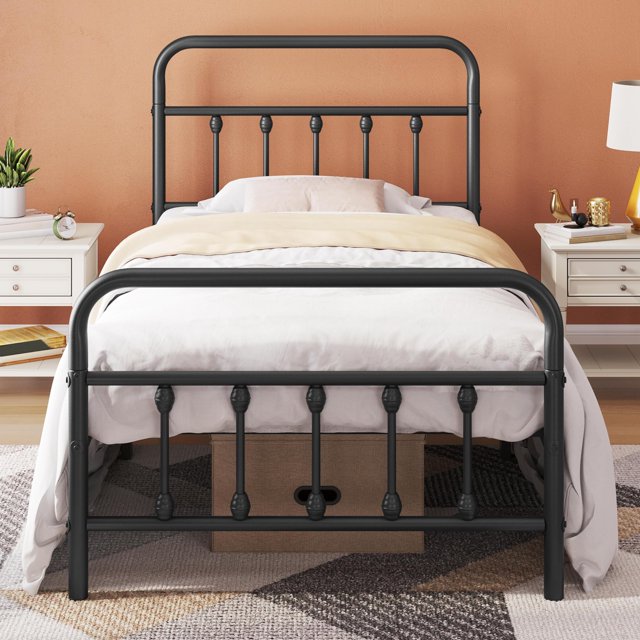 Single Bed Frame with Headboard, No Springs Required, Mattress