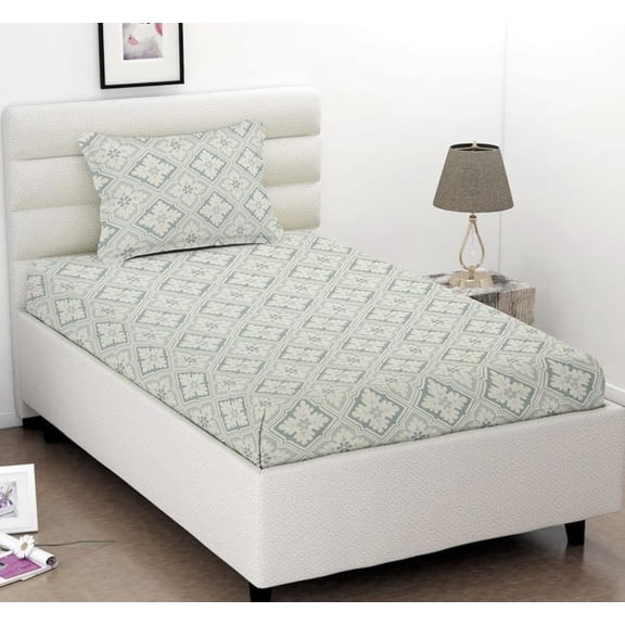 Single Bed Sheet With 1 Pillow Covers For Single - 60 X 90 Inches, White & Grey | Super Soft Premium Brushed Glace Cotton Bedsheet