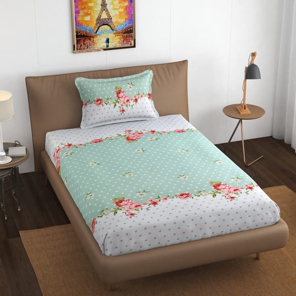 Single Bedsheet With 1 Large Pillow Cover | 42 X 75 X 8 Inches, White & Sea Green - Cotton Feel All Around Elastic Fitted | Super Soft Premium Brushed Glace Cotton Bedsheet