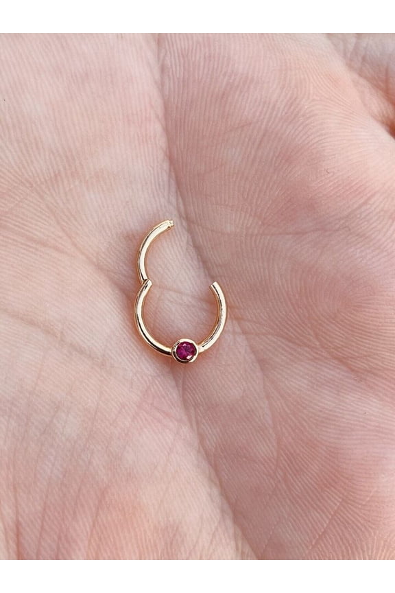 Single Bezel Ruby Purple Hinged Nose Ring Septum Clicker Cartilage 14k Gold