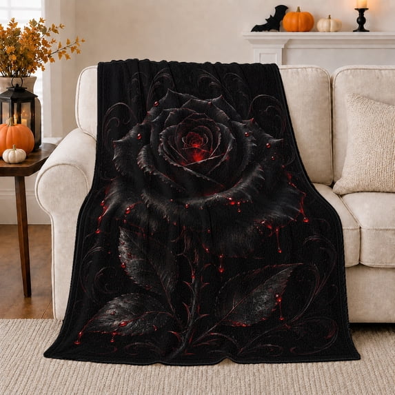 Single Black Rose With Crimson Beaded Petals, Cozy Flannel Blanket with ornate dark Floral Illustration Print, Housewarming Gift for Black Rose Enthusiasts, Home Decor for Bedroom and Living Room