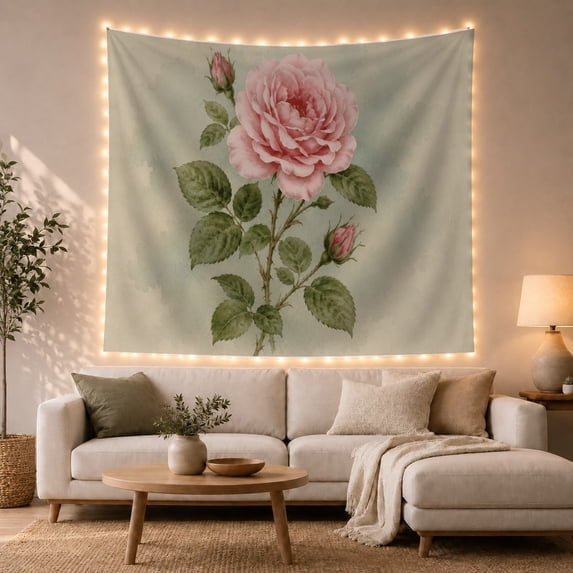 Single Blooming Rose in Soft Green Background, Serene Watercolor for Nature Lovers, Botanical Floral Art, Housewarming Gift Tapestry Wall Hanging for Bedroom and Living Room
